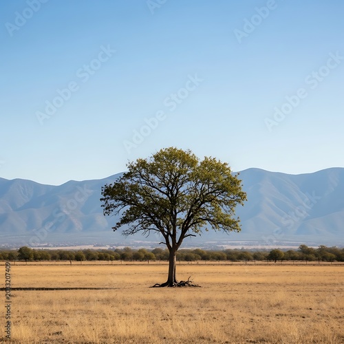Solitary tree stands on dry grass against distant mountain range