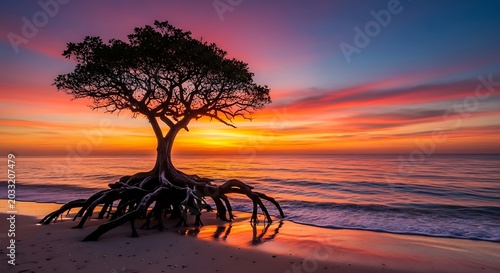 Solitary tree with exposed roots on beach at vibrant sunset