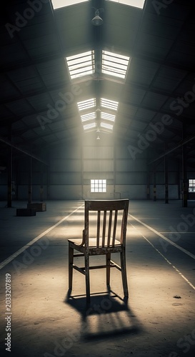 Solitary wooden chair bathed in light beams inside an empty, vast warehouse