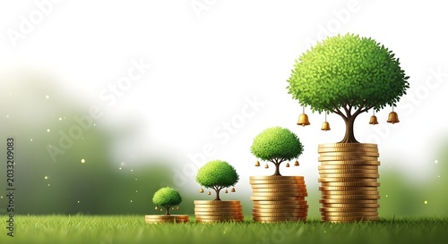 Increasing wealth and growth concept with trees on stacks of coins