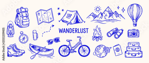 Adventure Awaits: A collection of hand-drawn illustrations depicting essential travel and adventure gear, including a backpack, map, tent, mountains, hot air balloon, canoe, bicycle, and camera.