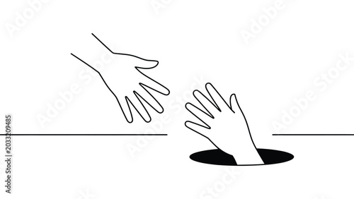 Vászonkép helping hand rescue concept line art illustration with reaching hands isolated o