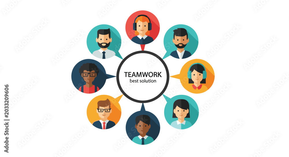 Naklejka premium Teamwork concept illustration showing diverse professional avatars connected in a circle around a central text box.