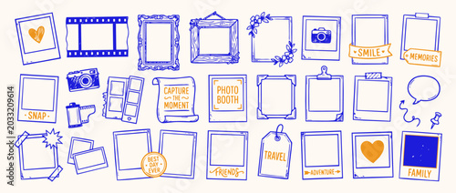 Quadro su tela Polaroid Frames and Photo Elements: A collection of hand-drawn, doodle-style frames, polaroids, film strips, and vintage camera illustrations, perfect for scrapbooking, journaling
