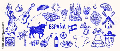 Spanish Cultural Collage: A vibrant collection of iconic Spanish symbols and elements, including a flamenco dancer, bull, paella, Sagrada Familia, guitar, fan, and olive tree.