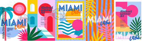 Miami vibe. Vector abstract summer illustration featuring tropical palm leaves, modern geometric shapes, a minimalist city, bold colors, beach, sun, and a landscape for a poster, postage stamp, travel