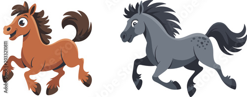 Photos Cute Running Horse Cartoon Mascot Character Set with Brown Pony and Grey Stallio