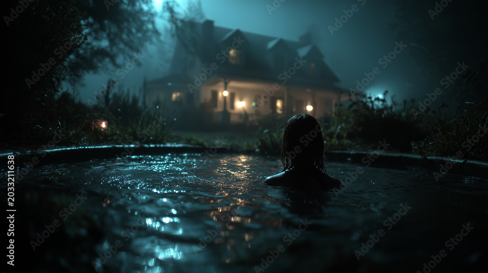 Obraz premium Woman emerging from dark lake water at night near haunted house in foggy forest thriller mystery concept for horror posters book covers and cinematic storytelling 