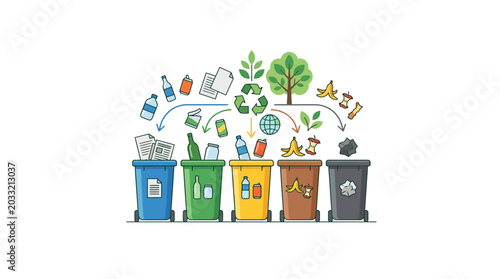 Photos Five colorful recycling bins with waste sorting icons and environmental elements