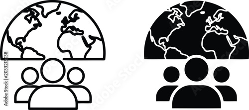 Global community and international population icons with earth globe and people figures