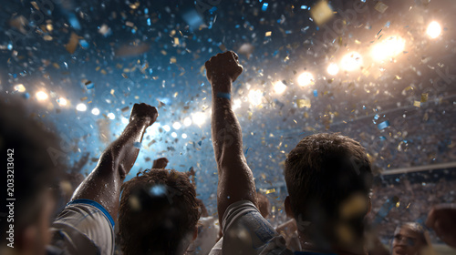Sports fans celebrating victory in a stadium with falling confetti under bright floodlights

