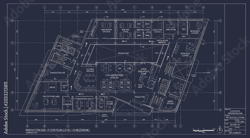 Photos Detailed architectural floor plan for a multistory office building with workspac