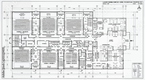 Bild auf Leinwand Architectural floor plan drawing of a multipurpose building level featuring mult
