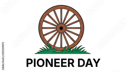 Tableau sur toile pioneer day wooden wagon wheel illustration with grass isolated on white backgro