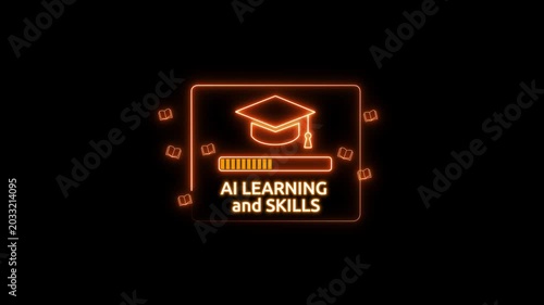 virtual AI learning skills interface and graduation cap icon, artificial intelligence education technology concept and smart digital study progress. 4k animation on transparent background.