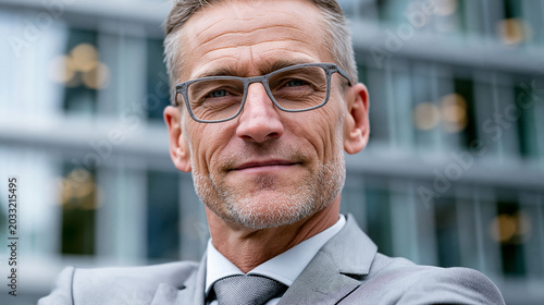 Seriöser Geschäftsmann mit Brille und grauem Anzug blickt selbstbewusst vor einem modernen Gebäude in die Kamera.