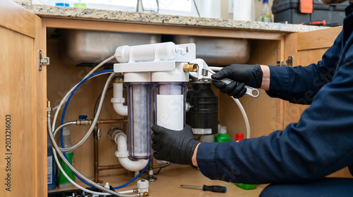 Professional Plumber Installing Under Sink Reverse Osmosis Water Filtration System Holding Cartridge Using Wrench Wearing Black Gloves Modern Kitchen