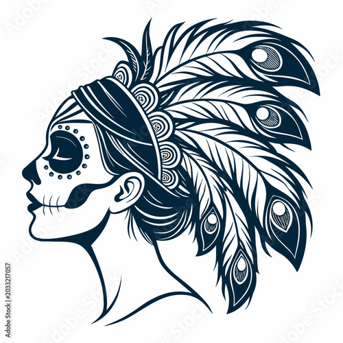 Billede på lærred Monochromatic profile of woman with sugar skull makeup and elaborate feather