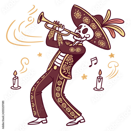 Cuadro en lienzo Día de muertos skeleton mariachi playing trumpet with candles illustration
