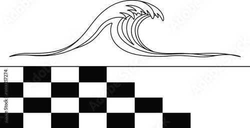 Ocean wave and checkerboard pattern vector illustration featuring abstract surfing design and geometric black white background
