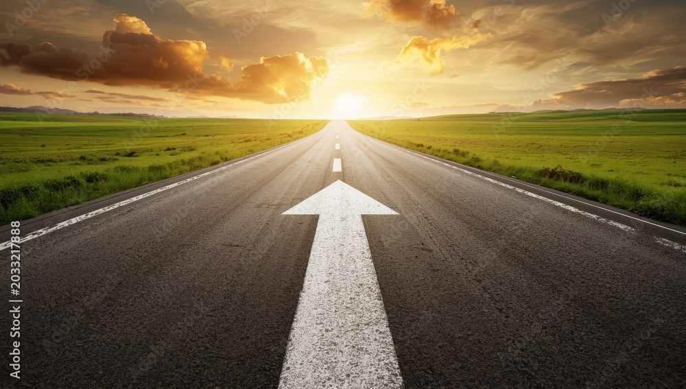 Obraz premium A paved road extends ahead marked by a white arrow, representing drive, advancement, and ongoing development.