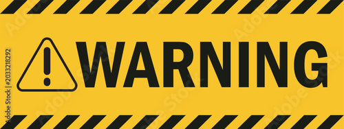 Yellow and black warning banner with bold text and diagonal stripes. Clean caution sign featuring a triangle hazard symbol. Flat vector design for safety and industrial applications.

