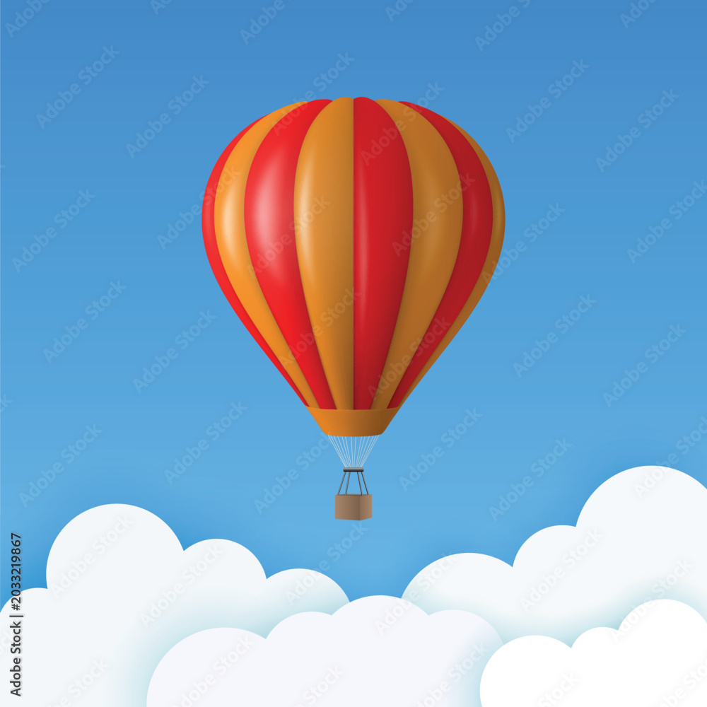 Obraz premium Vector Travel Banner with 3d Realistic Red and Orange Hot Air Balloon Icon on a Blue Sky Background. Design Template, Summer Vacation, Travelling, Tourism and Journey Concept