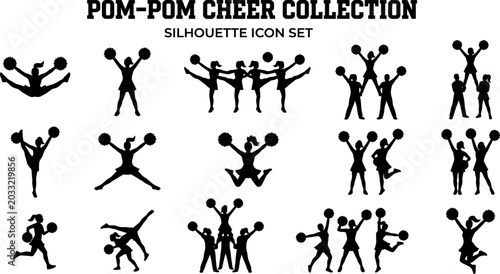 Foto Collection of cheerleaders with pom poms in various poses on white background