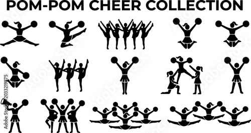 Fotografie Collection of cheerleaders in various poses with pom poms performing cheerleadin