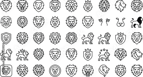 Lion Face Minimal Line Icons Collection – Wild Animal Outline Vector Set