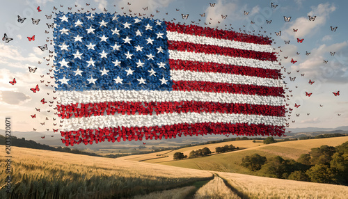 American flag composed of butterflies over golden wheat field landscape