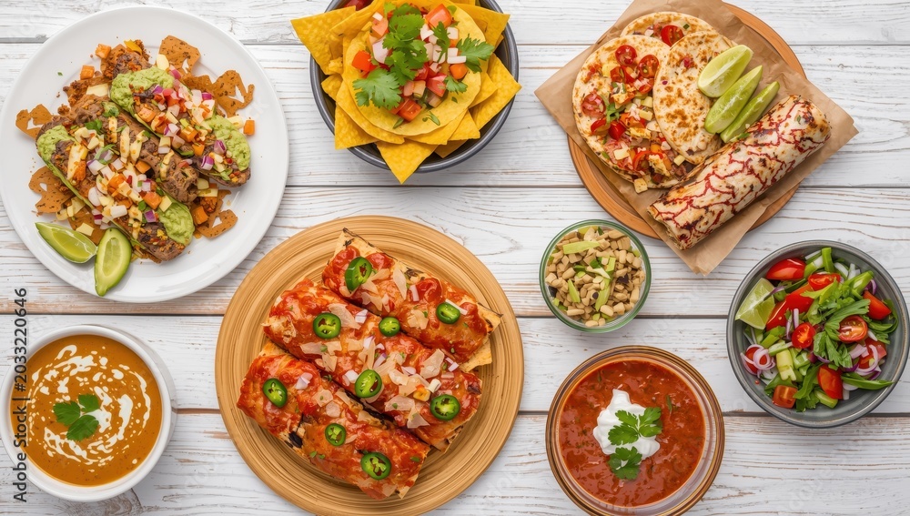 Fototapeta premium Top-down view of a Mexican meal on a light wooden surface, featuring tacos, burritos, nachos, enchiladas, tortilla soup, and salad.