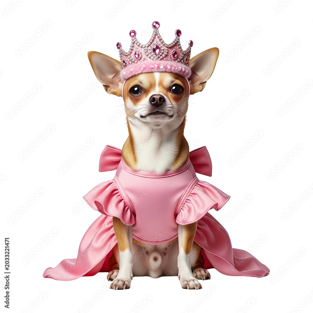 Fototapeta premium Adorable Chihuahua dog species in a charming pink princess dress and sparkling crown, showcasing a delightful example of small companion breeds on a clean white background
