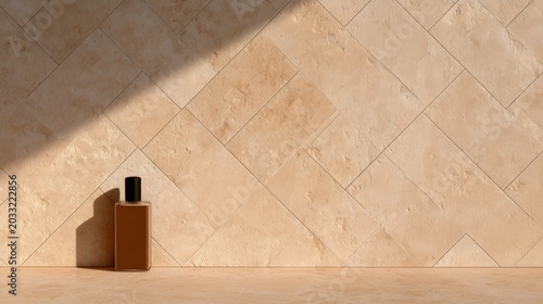 A brown perfume bottle casting a shadow against a textured beige tiled wall with natural sunlight creating a warm ambiance.