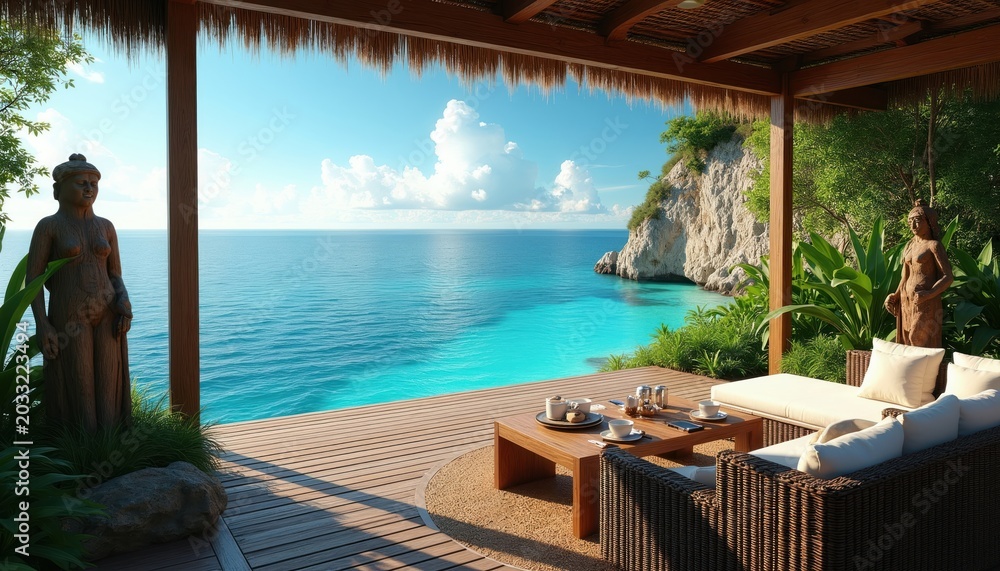 Fototapeta premium Covered deck with ocean view. Balcony has wicker sofa and wooden table with coffee cups. Tropical statues stand near green plants. Cliffside villa offers scenic paradise.
