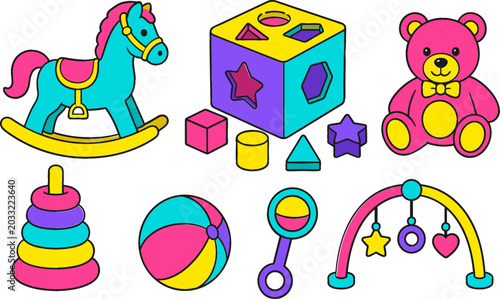 Tableau sur toile Baby Toys and Nursery Playroom Vector Icon Set with Rocking Horse, Shape Sorter