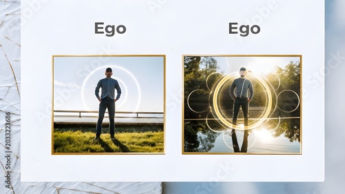 Man's silhouette surrounded by digital aura and text ego with silhouette identity abstract technology connection individual psychology reflection representation standing outdoors landscape