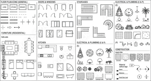 Architectural floor plan icons set including furniture residential layouts stairs electrical and plumbing symbols with construction hatch fills and material tags