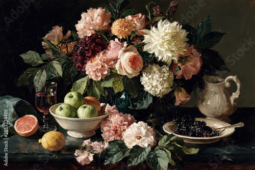Still life painting displaying a vibrant floral arrangement with assorted fruits, a drink, and a pitcher on a dark table