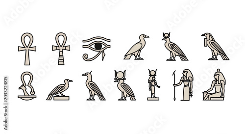 Fotografie Ancient Egyptian Symbols: Ankh, Eye of Horus, Gods, Goddesses, Birds