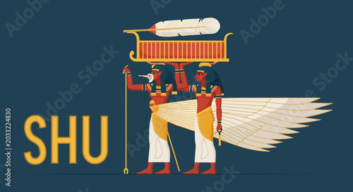 Foto Ancient Egyptian God Shu holding symbol of air, carrying sky on shoulders