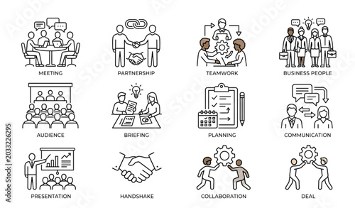 Fotografie Business cooperation web icon set in minimal line style featuring meeting partne