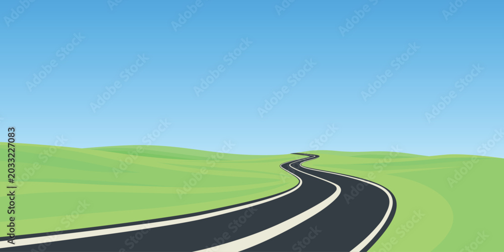 Fototapeta premium Winding Road Landscape, Cartoon Vector Illustration. Scenic Highway. Summer Countryside Square Background. Curved Asphalt Road Perspective