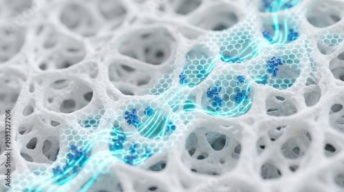 3D macro illustration of a glowing blue hexagonal nanotech mesh flowing through a porous white biomaterial structure