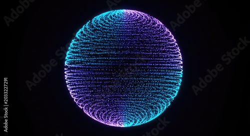 A futuristic glowing blue and purple sphere made of tiny particles forming a digital data flow circle against a dark black background, concept, luminous, creative