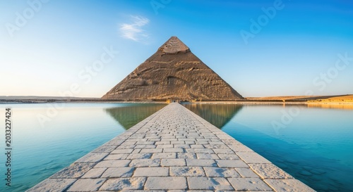 A long stone walkway stretches across a calm crystal lake leading toward a majestic ancient pyramid under a clear blue sky in the morning, walkway, grand, landmark