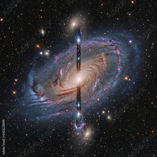 Spiral galaxy with central bar, red jets, and companion galaxies, revealing cosmic structures