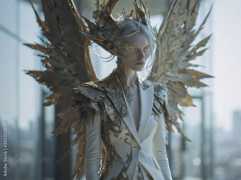 Obraz premium An ethereal winged figure in a tailored white suit stands against a modern building, with golden wings and skin details glowing softly.