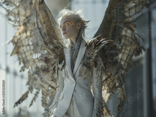 An ethereal winged figure in a tailored white suit stands against a modern building, with golden wings and skin details glowing softly.