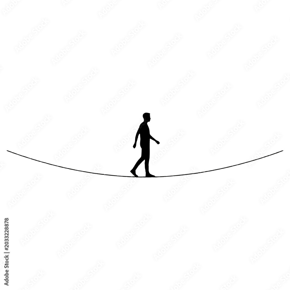 Fototapeta premium Lone person walking on curved tightrope line minimalist black silhouette vector illustration